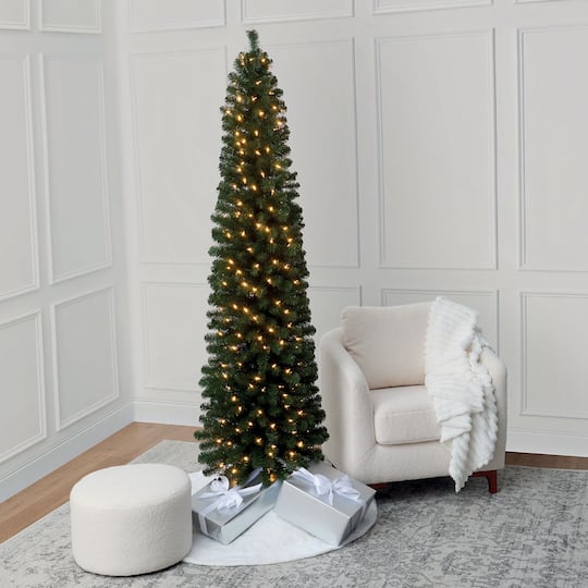 7ft. Pre-Lit Pencil Artificial Christmas Tree, Warm White Mini LED Lights by Ashland®